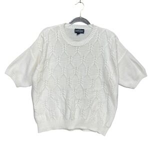 VTG Lands End Womens XL White Short Sleeve Cable Chunky Knit Cotton Sweater USA